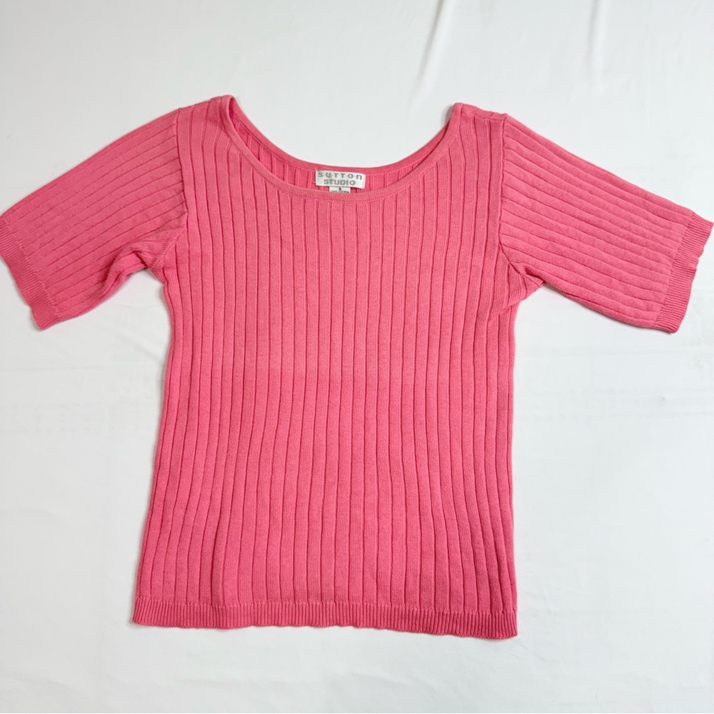 Sutton Studio Pink Ribbed Short Sleeve Light Weight Sweater Top SMALL‎